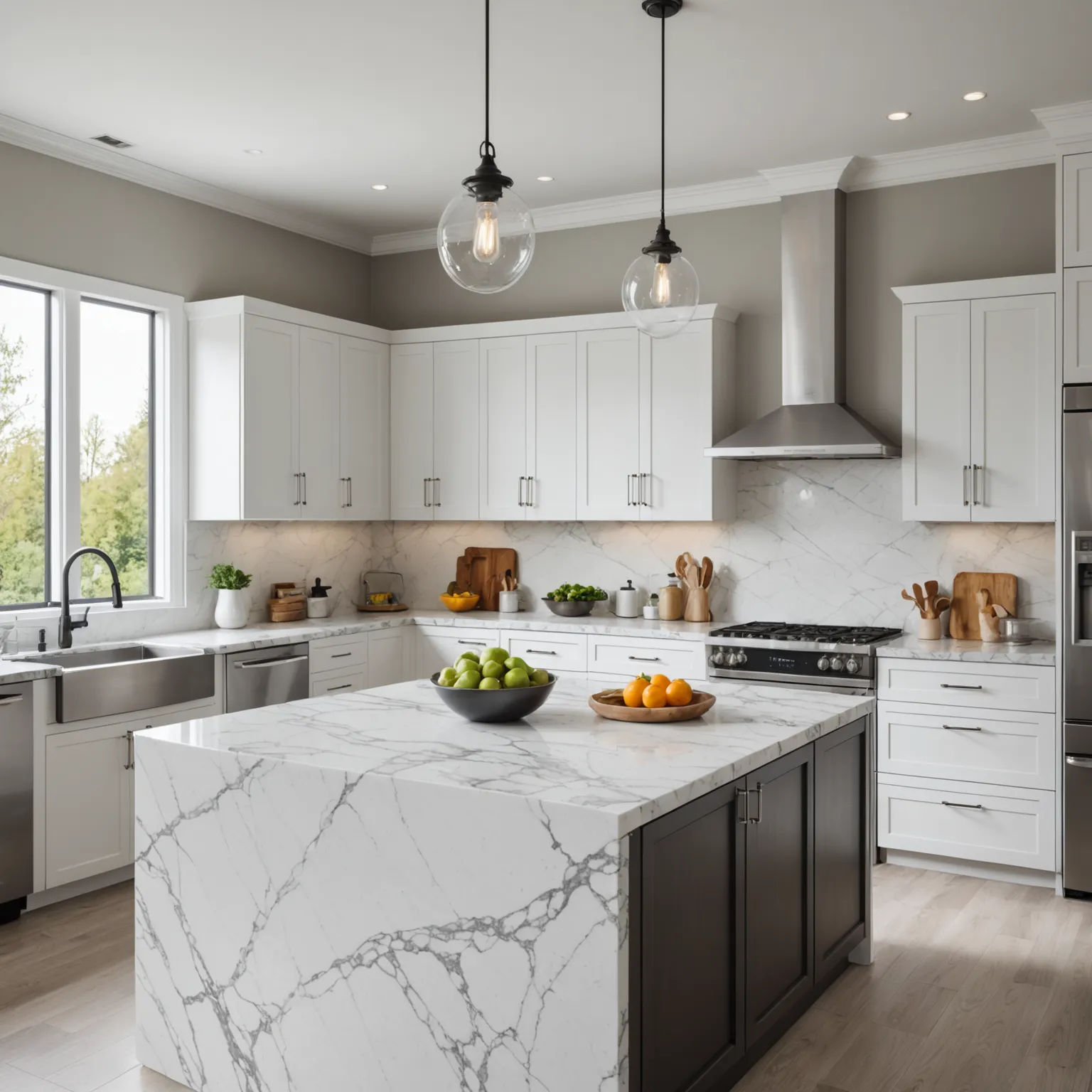 White Granite vs Marble Countertops in Modern Kitchen White granite and marble countertops in a modern kitchen