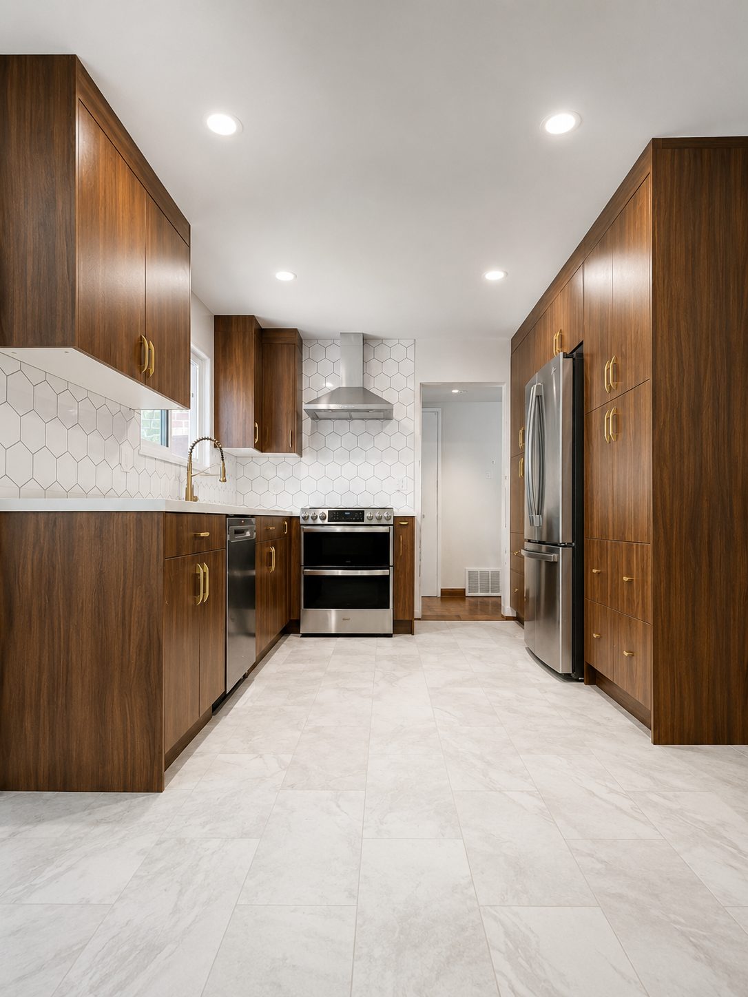 Walnut custom modern kitchen with hexagonal tile backsplash and gold hardware in Sherman Oaks
